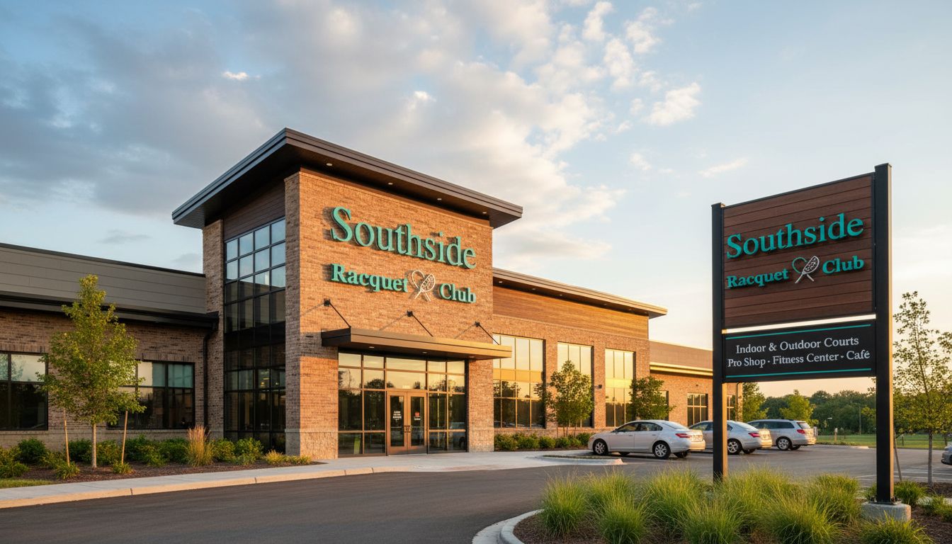 Signage concept for Southside Racquet Club, storefront and pylon sign